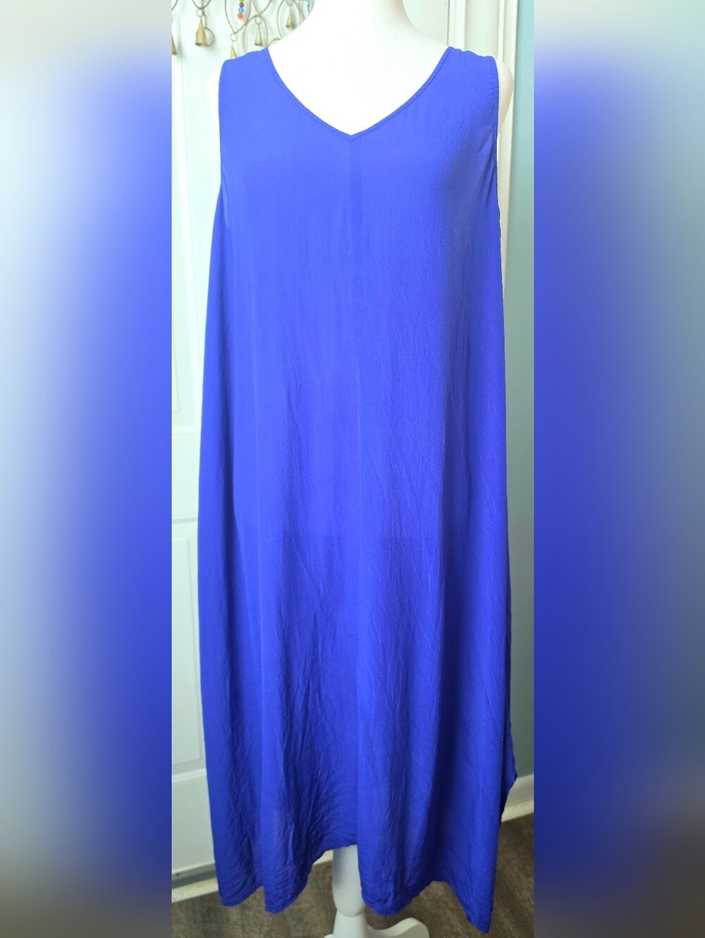 Eileen Fisher 100% Silk Bright Cobalt Semi Sheer Asymetric Midi Dress Women's M